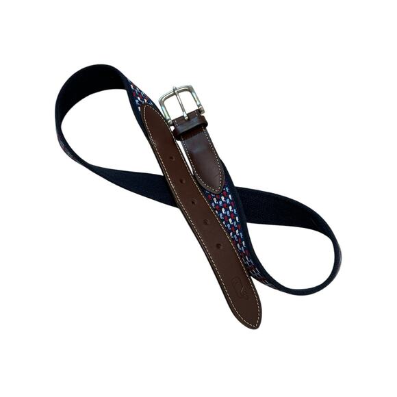 Vineyard Vines Red Navy White Whales Leather Canvas Club Belt Men's Size 36 USA - Picture 1 of 3